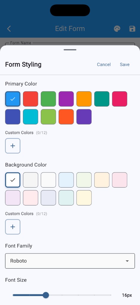 HowdyForms form styling panel with colors and fonts