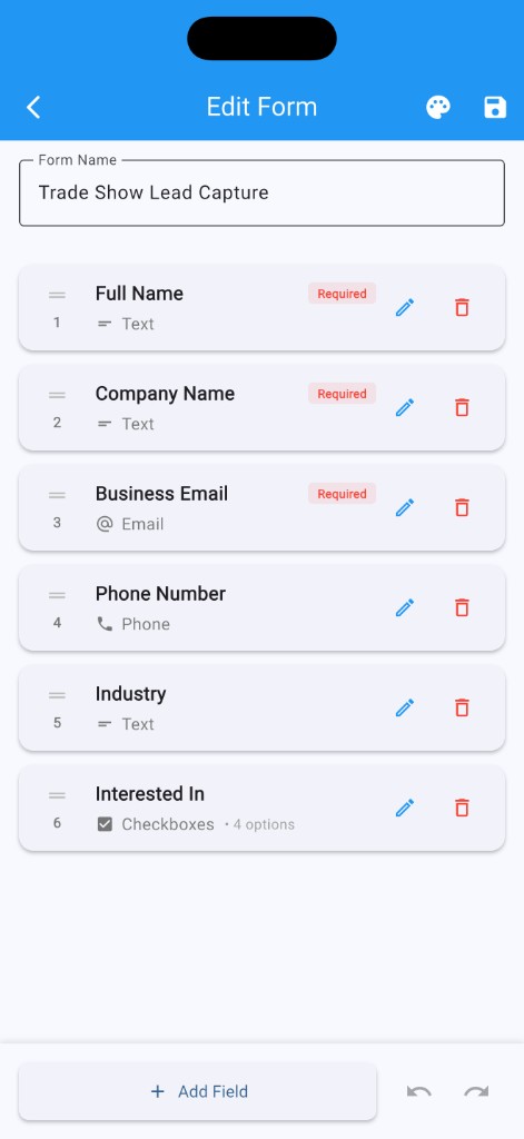 HowdyForms form builder with required fields and editing controls