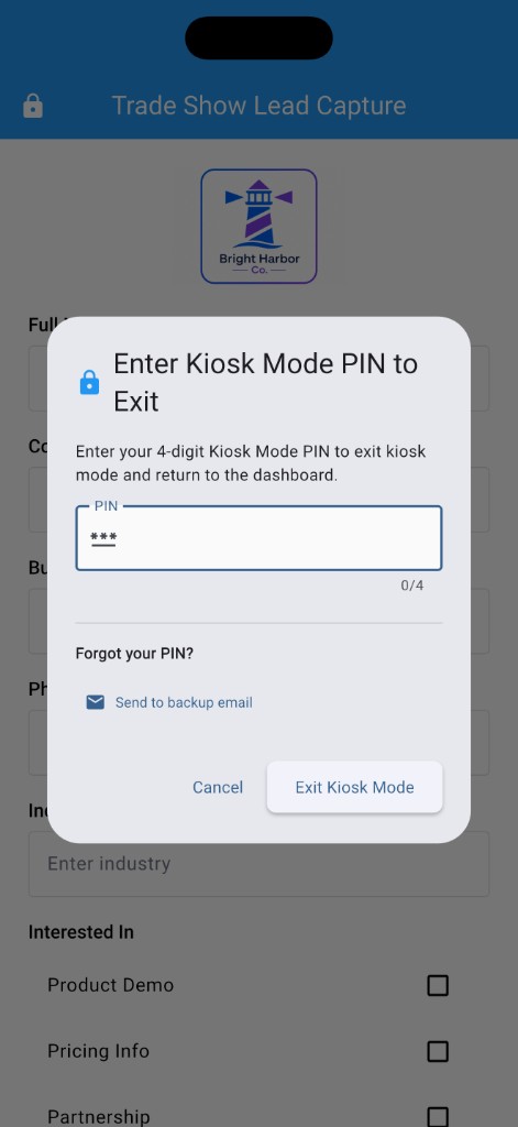 HowdyForms kiosk mode PIN exit dialog