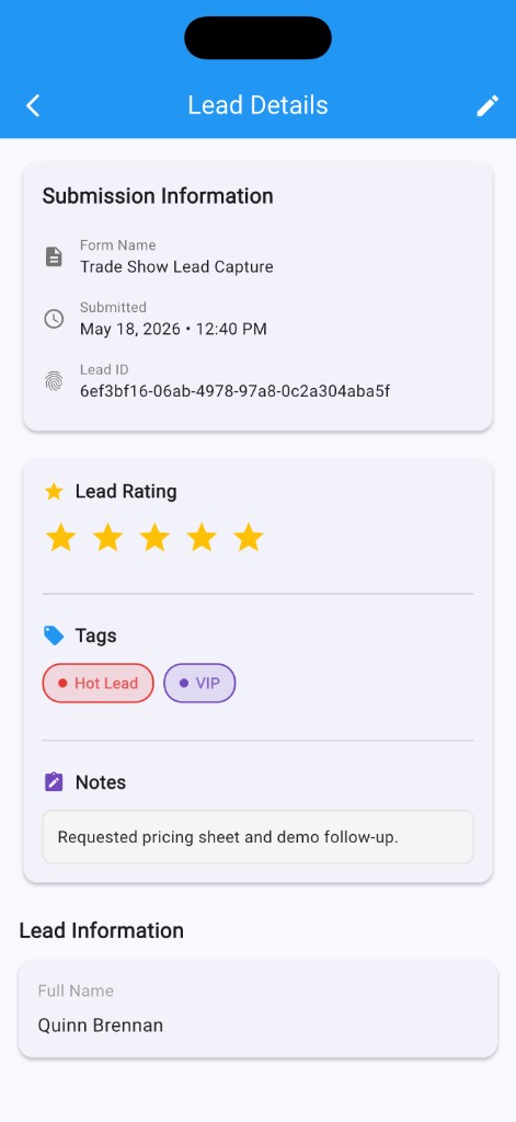 HowdyForms lead detail screen with rating, tags, notes, and lead information