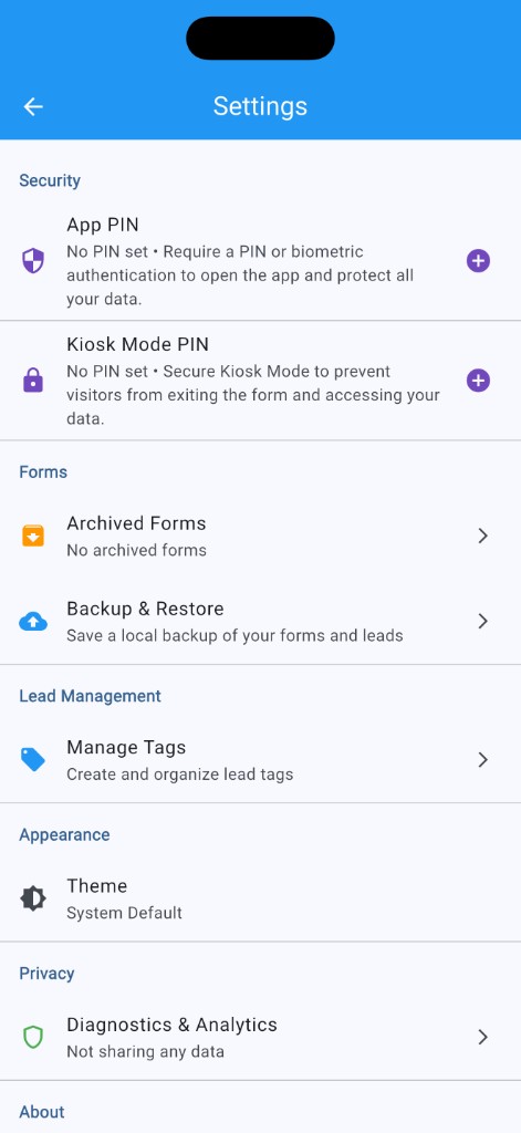HowdyForms settings screen with security, backup, and privacy controls